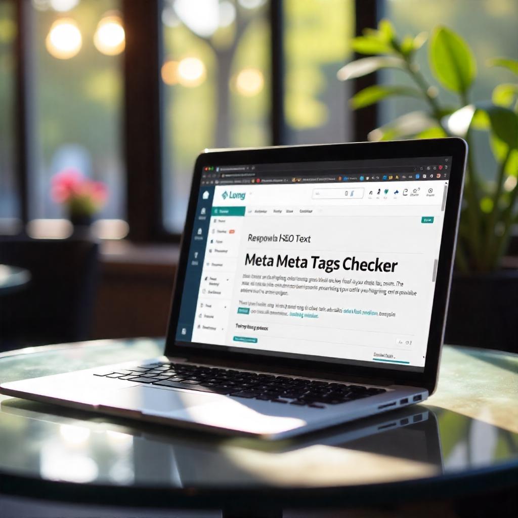 A laptop screen displaying a website's meta tag analysis report with graphs and SEO optimization tips.